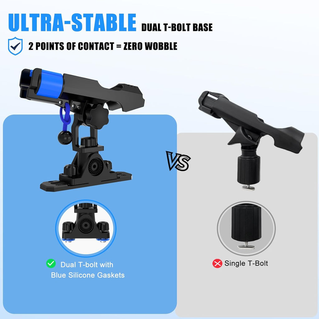 Fishing Rod Holders for Boat Kayak with Dual-Lock Bungee System, Ultra-Stable Dual T Bolt Base Fishing Pole Holders, Universal Top/Side Track & Deck Mount for Boats, Canoe & Kayaks