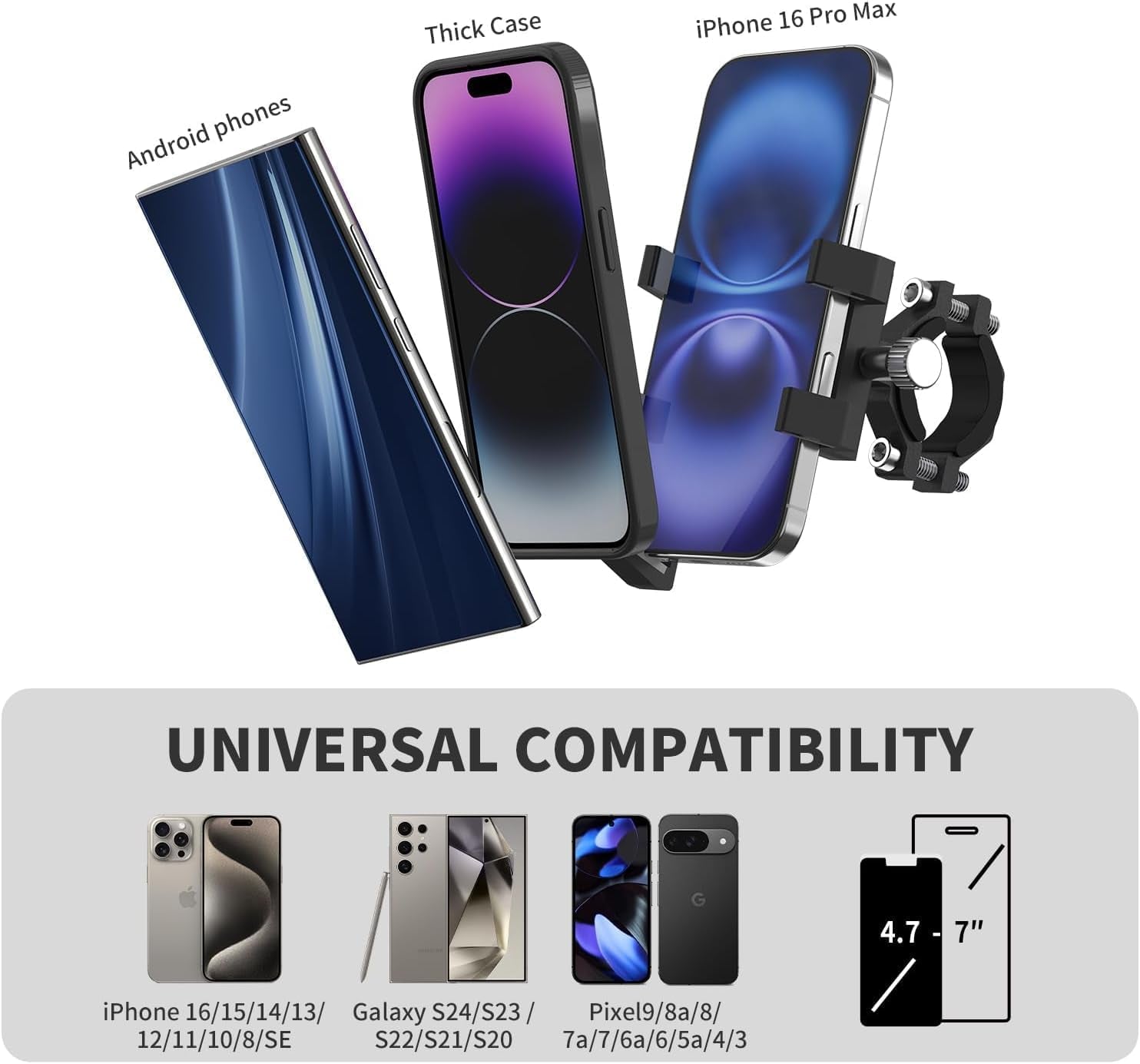 Aluminum Phone Holder for Bike–Universal Bike Cell Phone Holder Fits All Phones 4-7",Waterproof & Shockproof Motorcycle Phone Mount,360° Rotation Bicycle Phone Mount for E-Bike,Scooter,Atv​​