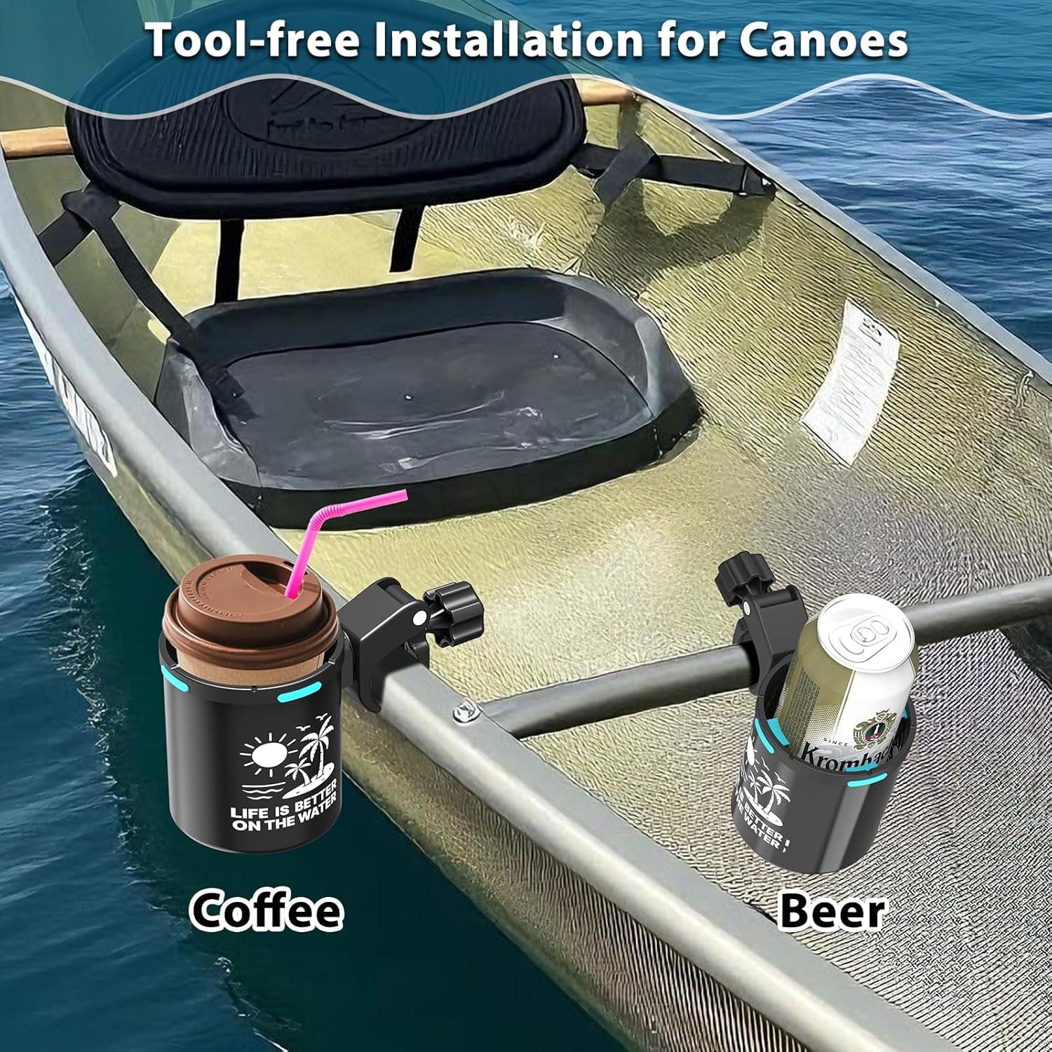 Adjustable Clamp-On Kayak Cup Holder - Tool-Free Installation, Perfect for Kayaks & Jet Skis | Ideal Gift for Men - 2-Pack Must-Have Accessories