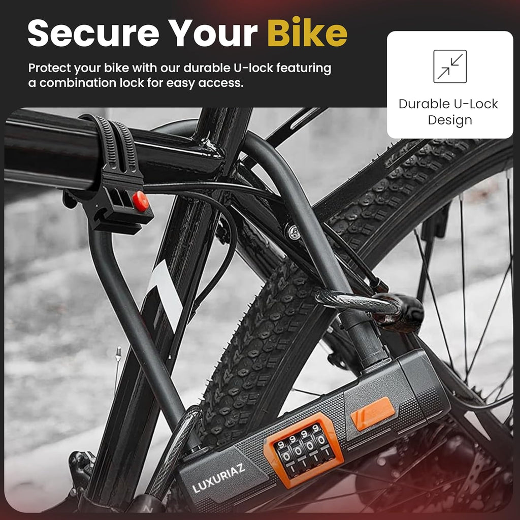 Heavy Duty Bike Lock with 5Ft Steel Cable, 4-Digit Resettable Combination U-Lock, Durable Cable Lock for Secure U Lock Bike Protection