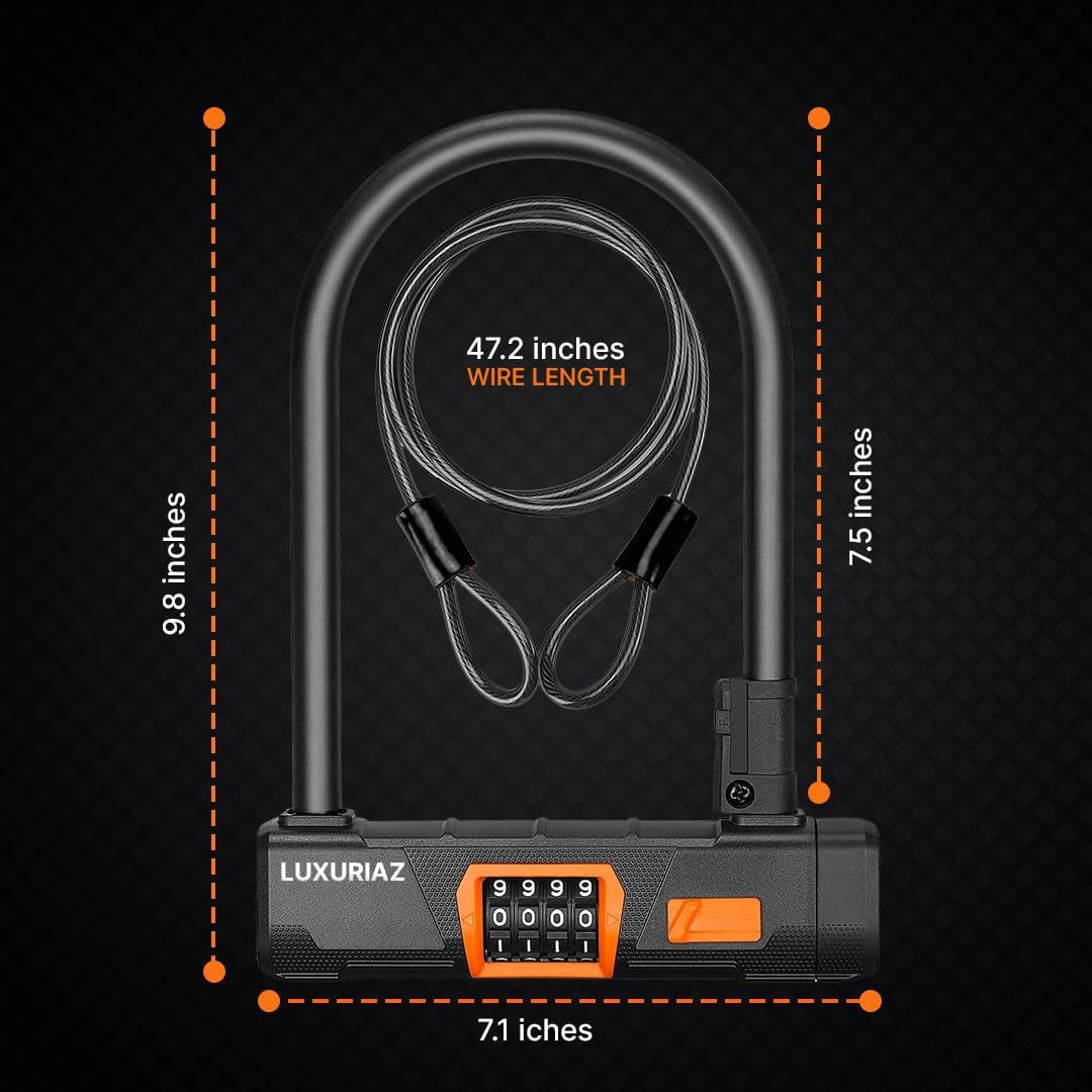 Heavy Duty Bike Lock with 5Ft Steel Cable, 4-Digit Resettable Combination U-Lock, Durable Cable Lock for Secure U Lock Bike Protection