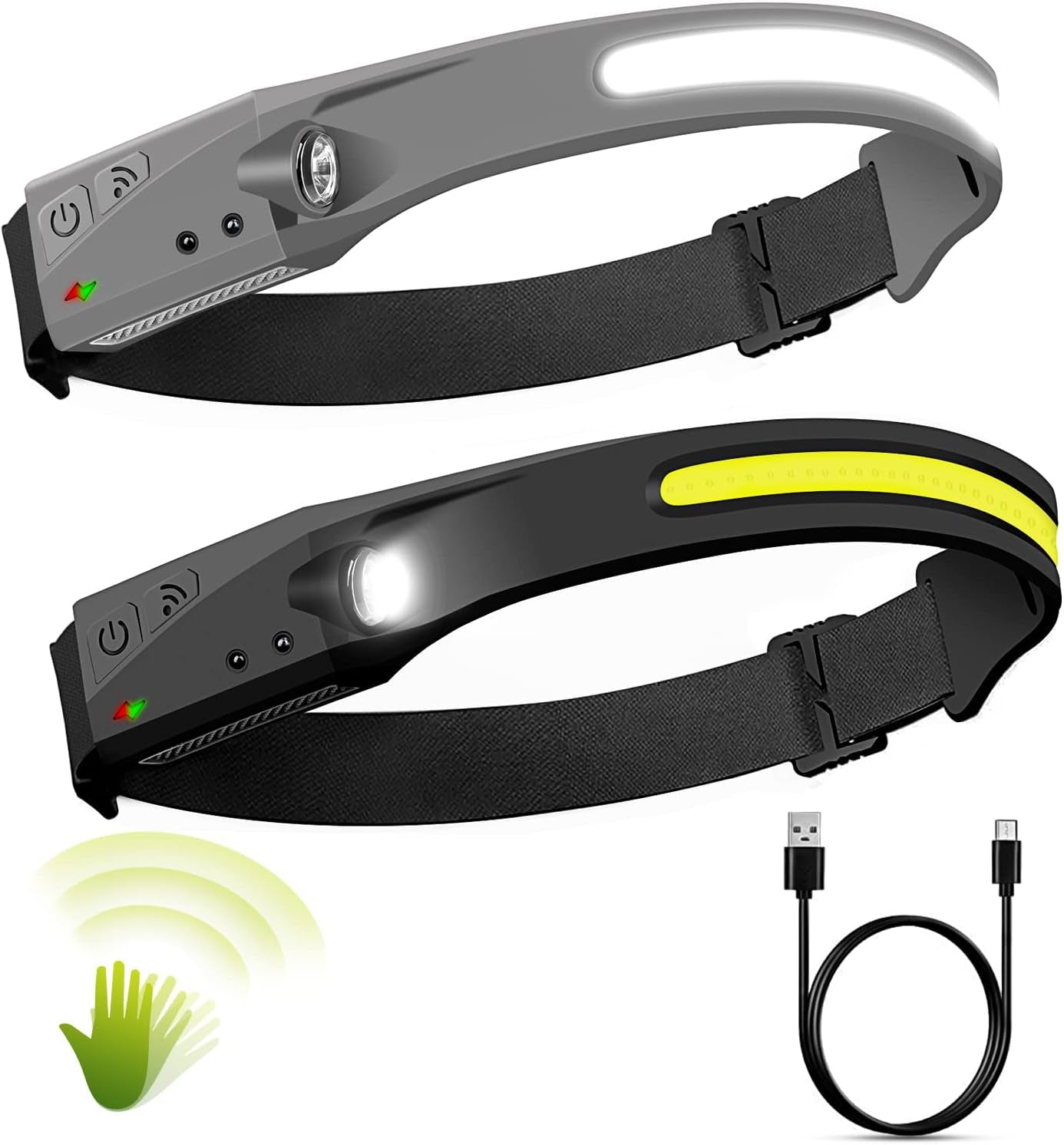 LED Headlamp, 2 Pack Rechargeable Headlamps with 230°Wide Beam Headlight, Motion Sensor, 5 Modes Lightweight Sweat Proof Head Flashlight for Outdoor Running, Camping, Fishing, Hiking