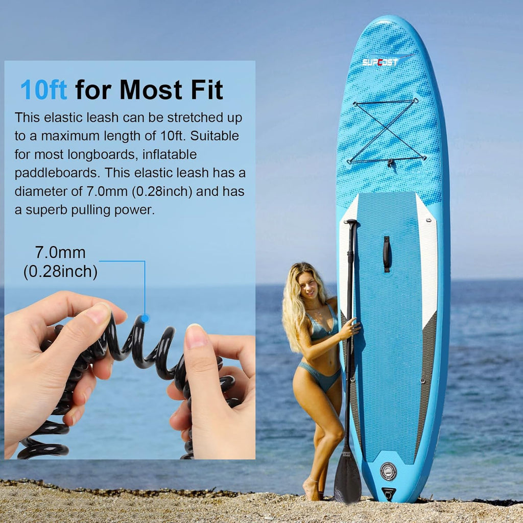 10 Ft Surf Board Leash, 5.5Mm/7.0Mm Thick Urethane Coiled Paddle Board Leash. Coiled Spring Leg Foot Rope SUP Leash for Shortboard, Longboard, Paddleboard, Kayak