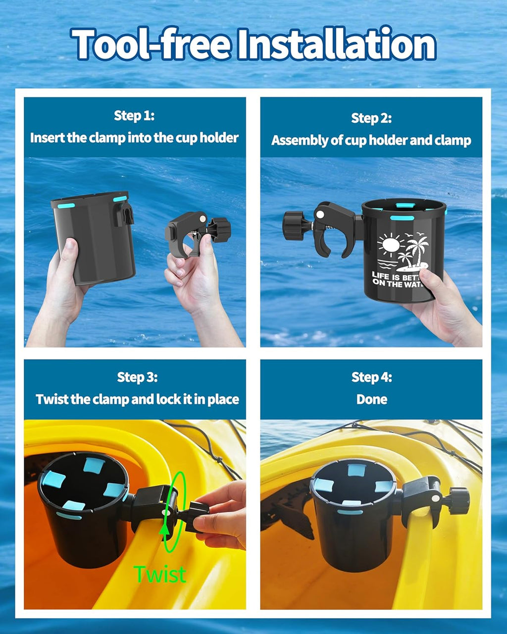 Adjustable Clamp-On Kayak Cup Holder - Tool-Free Installation, Perfect for Kayaks & Jet Skis | Ideal Gift for Men - 2-Pack Must-Have Accessories