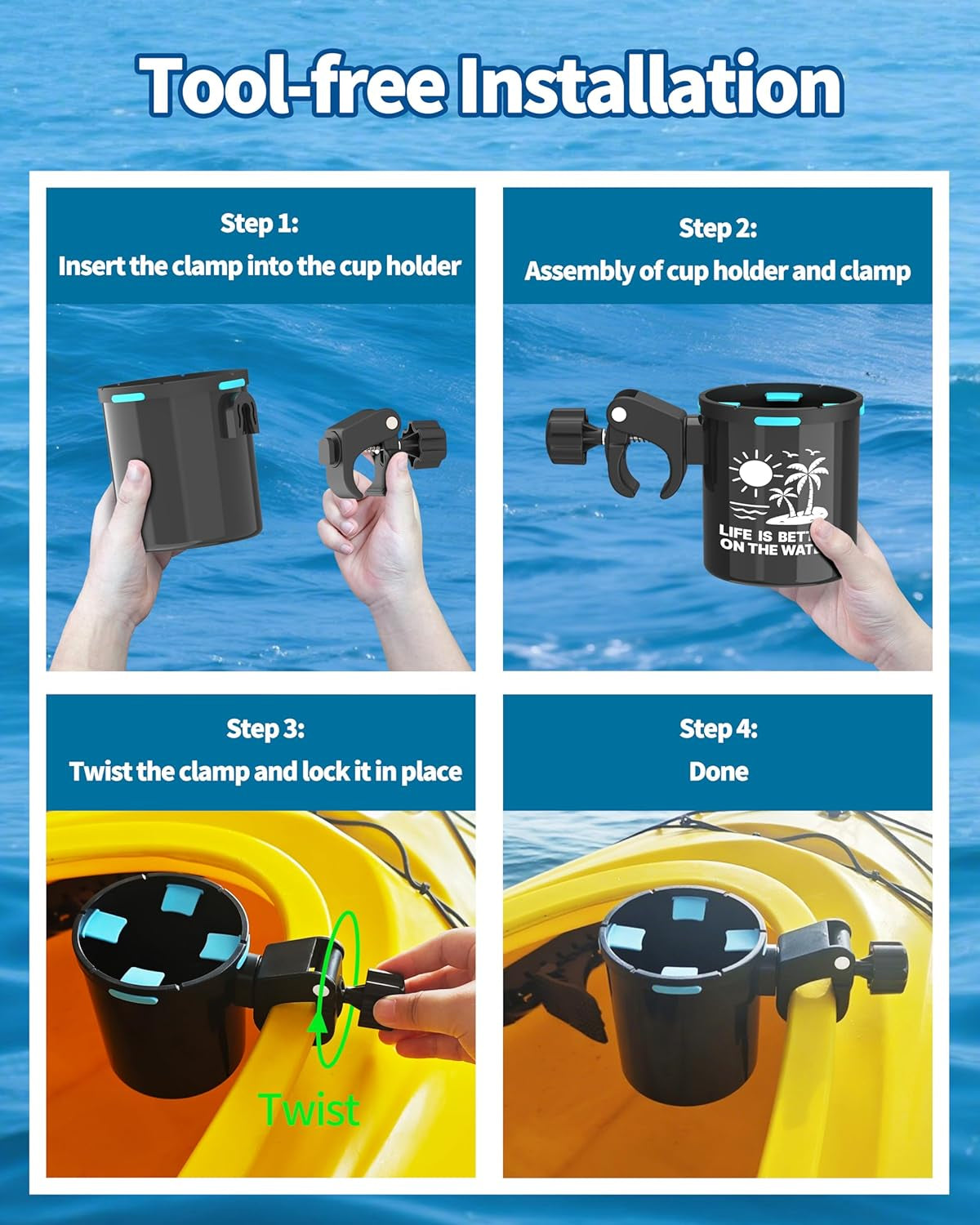 Adjustable Clamp-On Kayak Cup Holder - Tool-Free Installation, Perfect for Kayaks & Jet Skis | Ideal Gift for Men - 2-Pack Must-Have Accessories