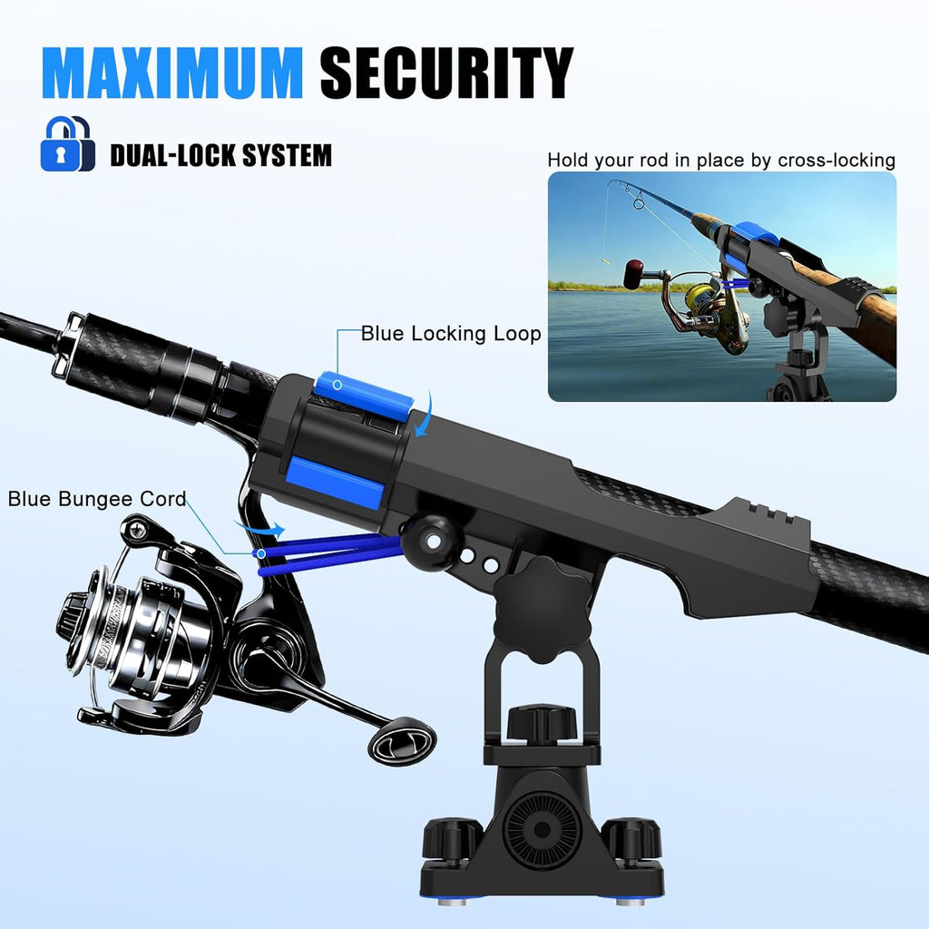 Fishing Rod Holders for Boat Kayak with Dual-Lock Bungee System, Ultra-Stable Dual T Bolt Base Fishing Pole Holders, Universal Top/Side Track & Deck Mount for Boats, Canoe & Kayaks