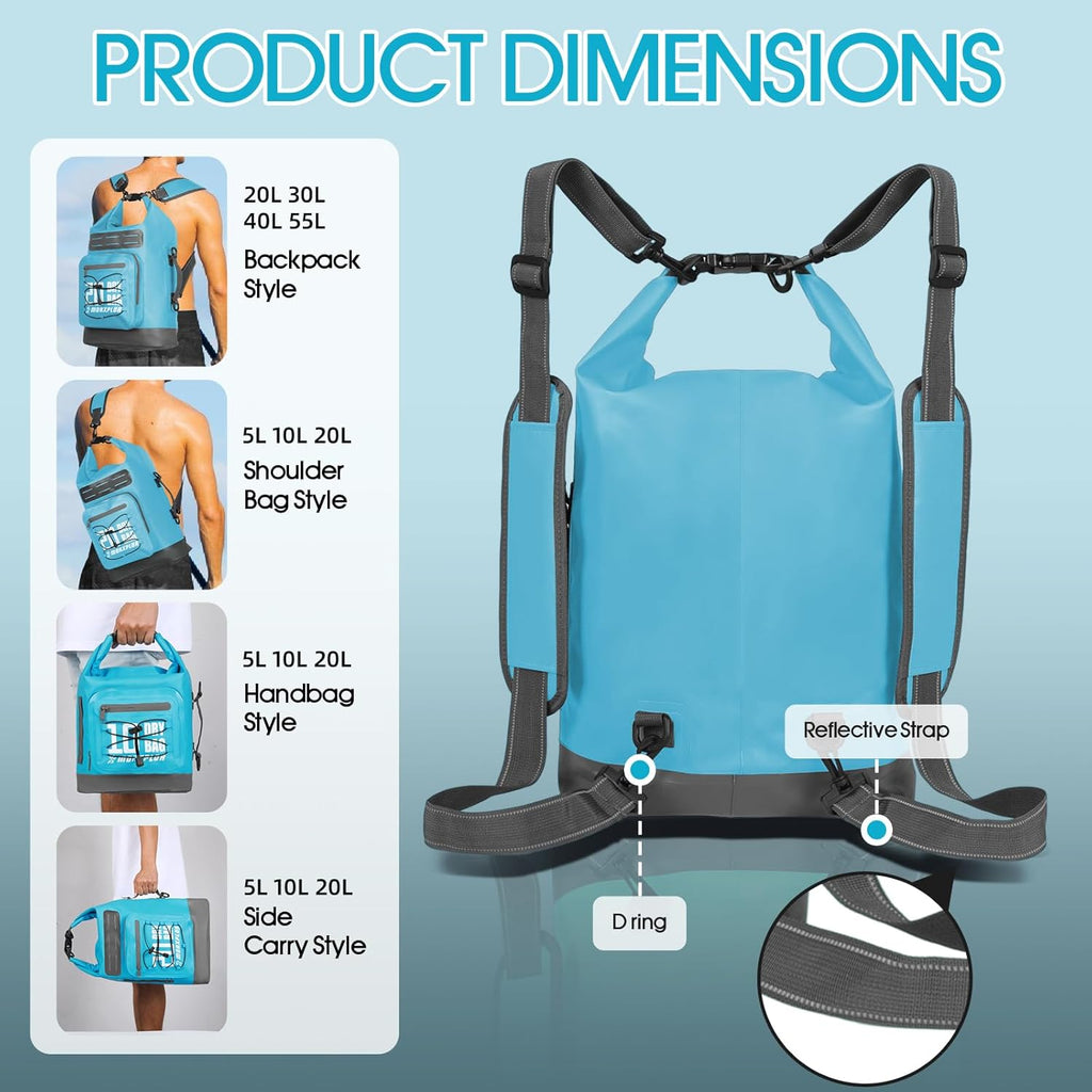 Dry Bag Waterproof,5L/10L/20L/30L/40L/55L Roll Top Dry Bag Backpack with Waterproof Phone Case for Swim,Kayak