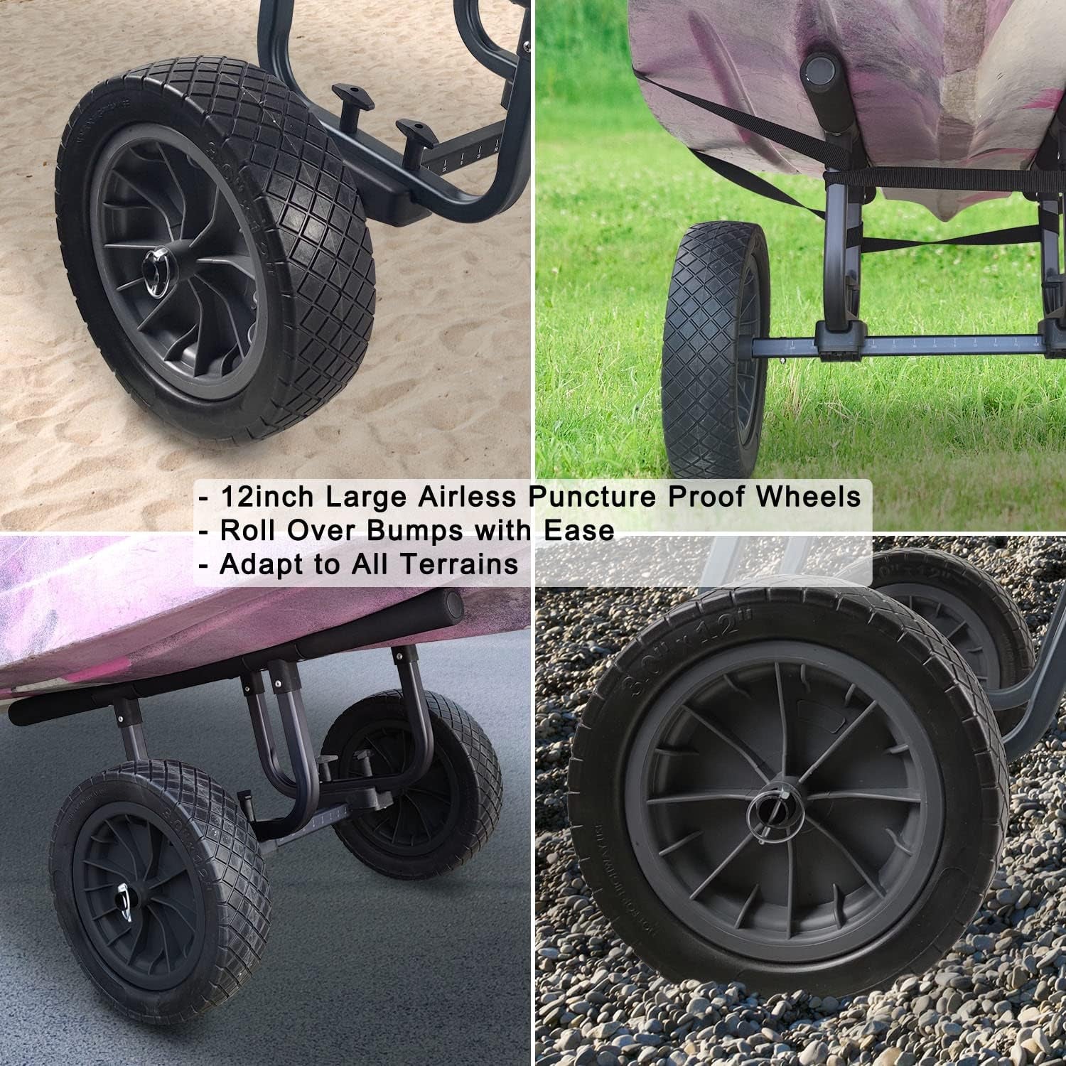 Adjustable Heavy Duty Kayak Cart with 12-Inch Flat-Free Beach Wheels - Durable Boat Dolly for Easy Transport