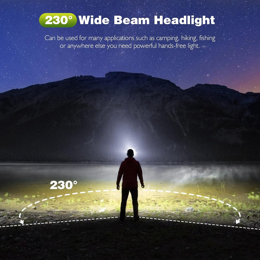 LED Headlamp, 2 Pack Rechargeable Headlamps with 230°Wide Beam Headlight, Motion Sensor, 5 Modes Lightweight Sweat Proof Head Flashlight for Outdoor Running, Camping, Fishing, Hiking