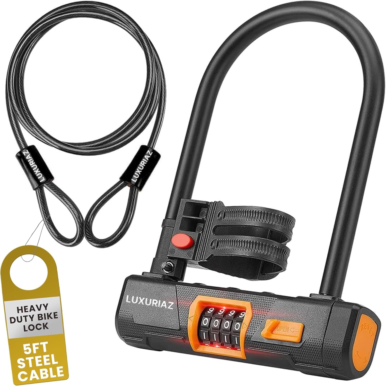 Heavy Duty Bike Lock with 5Ft Steel Cable, 4-Digit Resettable Combination U-Lock, Durable Cable Lock for Secure U Lock Bike Protection