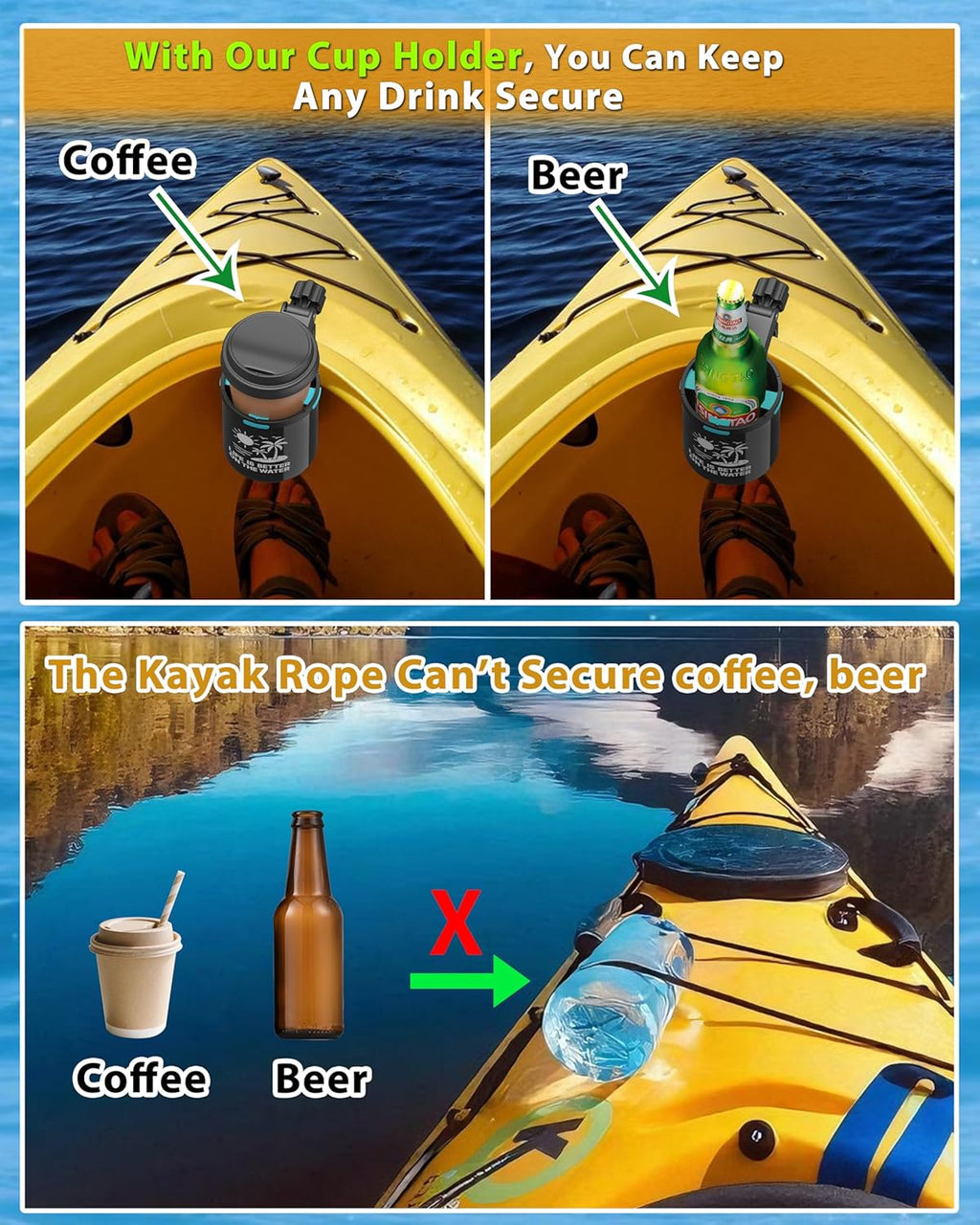 Adjustable Clamp-On Kayak Cup Holder - Tool-Free Installation, Perfect for Kayaks & Jet Skis | Ideal Gift for Men - 2-Pack Must-Have Accessories